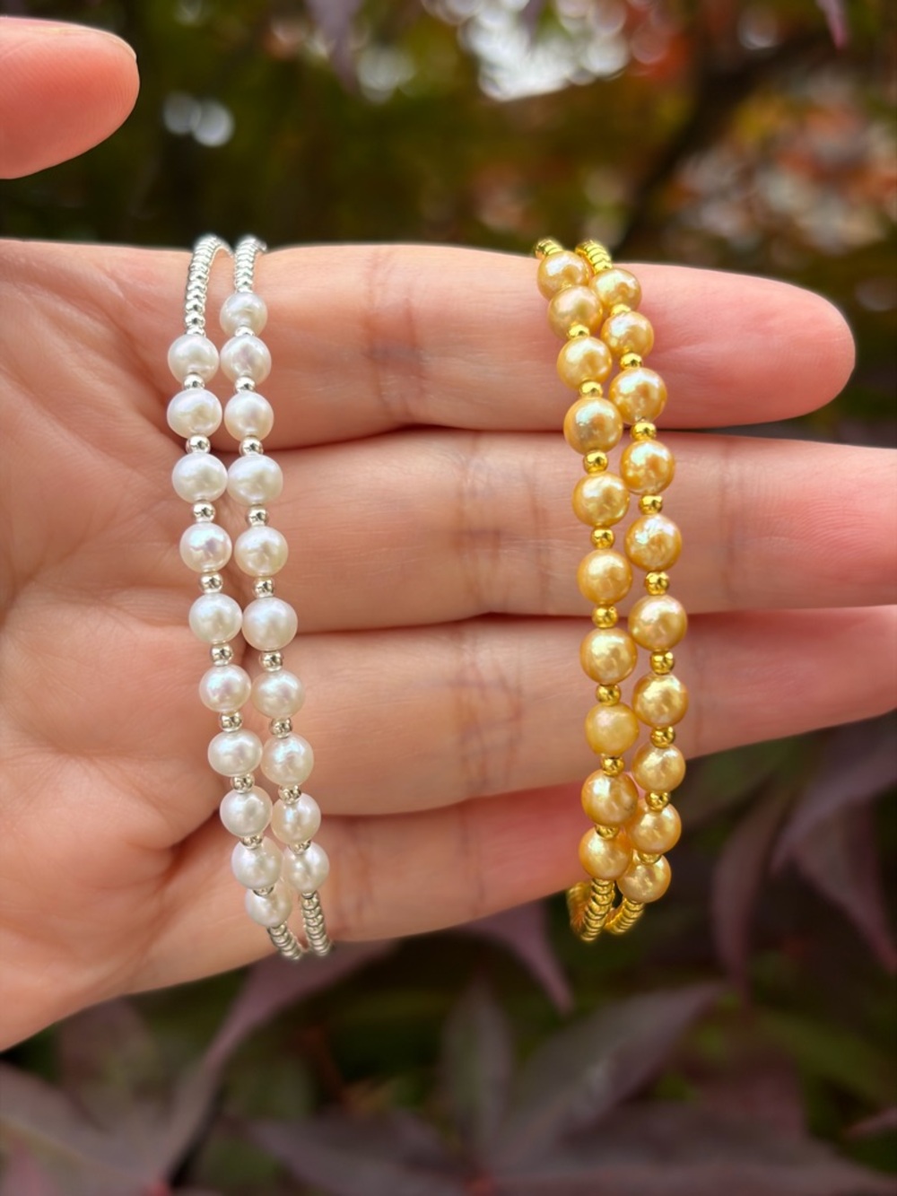 Freshwater baby Pearl Soft Double-Strand Bracelet - White & Gold Available